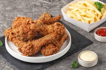 Crispy fried chicken is a dish made from pieces of chicken that have been coated with flour or a thin batter that is seasoned and fried, deep-fried, fried in a pressure fryer, or air-fried.