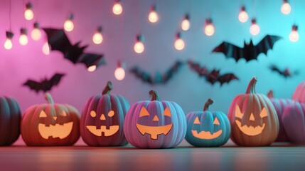 Festive Halloween Jack o' lanterns with Bats and Lights Neon Background Perfect for October Holiday Decorations