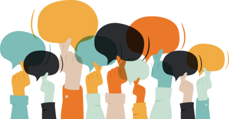 Hands holding chat bubbles.