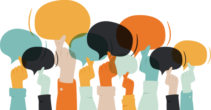 Hands holding chat bubbles.