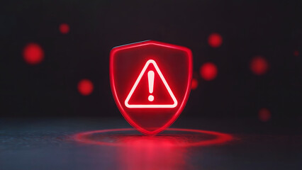 Urgent alert symbol glowing red within a protective shield against a dark background with blurred red lights, signifying cybersecurity threat or warning