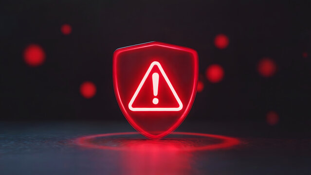 Urgent alert symbol glowing red within a protective shield against a dark background with blurred red lights, signifying cybersecurity threat or warning - Powered by Adobe