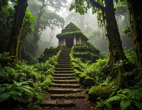 Ancient stone steps leading to a mossy temple in a dense jungle.
