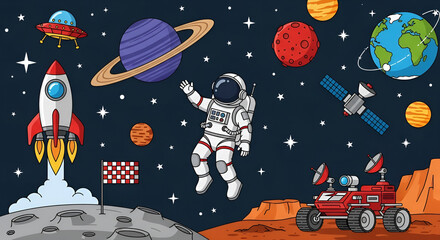Cartoon Space Exploration Scene with Astronaut, Rocket, and Planets