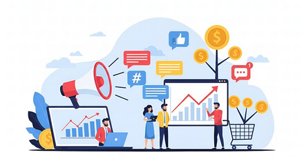 Digital Marketing Campaign for Business Growth and Online Financial Success Illustration