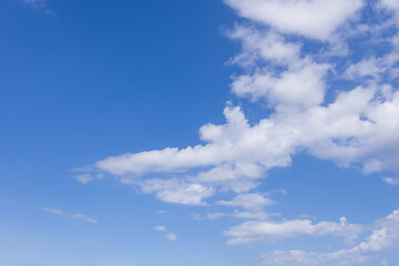 Clouds and daytime sky,Clear blue sky, sunny day, soft white clouds, ideal peaceful background, weather-related concepts, sunlight shining brightly, calm soothing environment, expansive overhead view