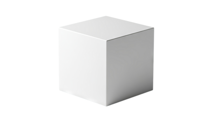 White cube isolated on transparent background, high-resolution PNG cutout, minimal 3D geometric block, clean studio lighting, front view mockup template, clipping-path ready for product design