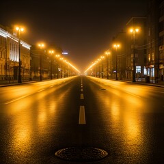A long, empty city street at night, illuminated by glowing golden streetlights that reflect on the wet asphalt, creating a vanishing point perspective.