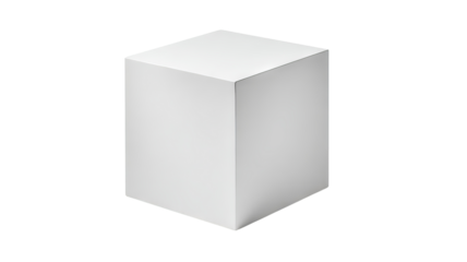 White cube isolated on transparent background, high-resolution PNG cutout, minimal 3D geometric block, clean studio lighting, front view mockup template, clipping-path ready for product design
