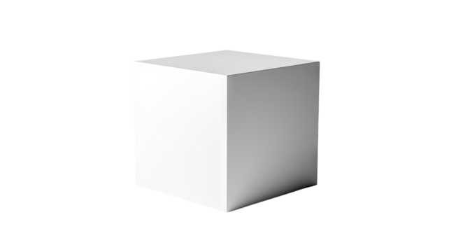 White cube isolated on transparent background, high-resolution PNG cutout, minimal 3D geometric block, clean studio lighting, front view mockup template, clipping-path ready for product design