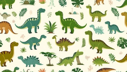 Colorful cartoon dinosaurs wandering prehistoric jungle landscape, surrounded by lush tropical vegetation, forming seamless vibrant seamless background pattern design