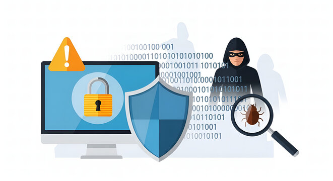 Cyber Security Concepts Shield, Lock, Hacker, Bug, Warning Sign