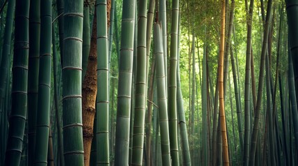 Obraz premium Lush bamboo forest with tall green stalks, creating a serene and tranquil atmosphere.