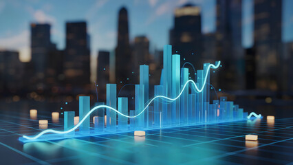 Dynamic financial growth chart visualizes stock market success with glowing data points against a blurred cityscape backdrop, projecting future prosperity and innovation.