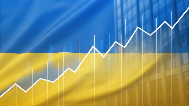 Ukraine flag overlay with rising stock market graph — symbolizing economic growth and digital finance
