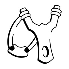 A doodle style icon of wooden slingshot projectile weapon

