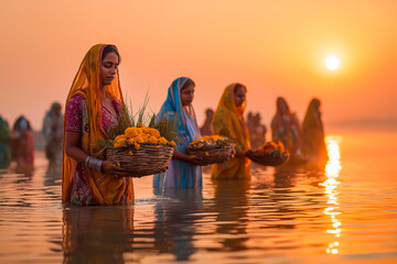 Devotees offering prayers to the setting sun during Chhath Puja