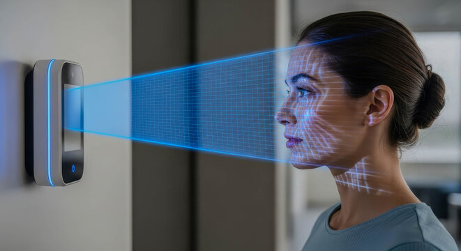 Woman using a face scanning device for biometric identification. Facial recognition technology for secure access control and digital authentication.