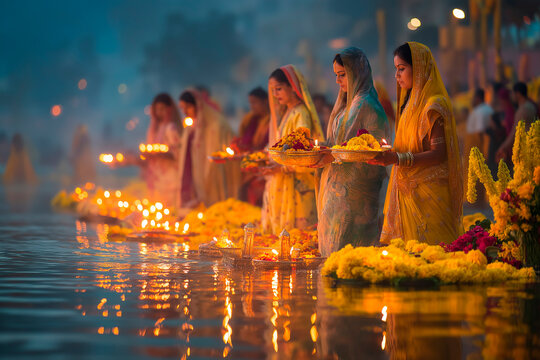 Sunrise rituals on the river during Chhath Puja festival
