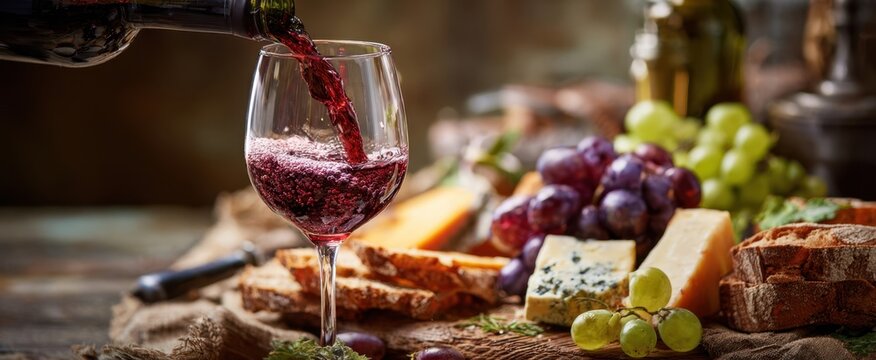 The art of pouring red wine into an elegant glass with cheese and grapes.