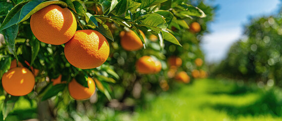 Lush orange orchard under bright sunlight with vibrant fruits and a clear blue sky