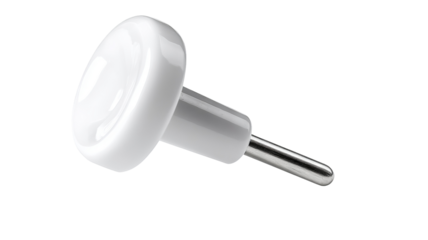 White pushpin isolated with soft shadow on white background — high-resolution PNG-style cutout with transparent background feel, minimal stationery object for notice boards, planners, office branding