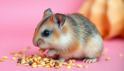 Adorable dwarf hamster nibbling grain on a pink backdrop, picture, tiny