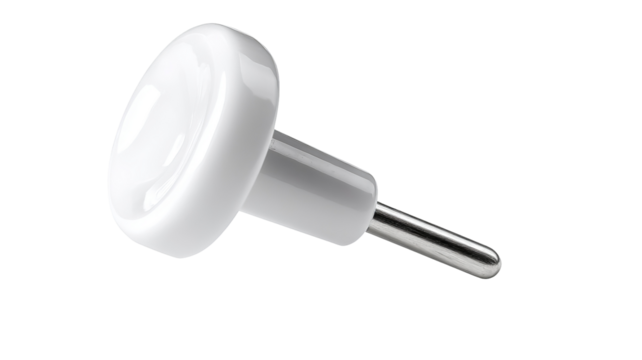 White pushpin isolated with soft shadow on white background — high-resolution PNG-style cutout with transparent background feel, minimal stationery object for notice boards, planners, office branding