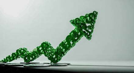 Green arrow pointing upward made of dollar signs, symbolizing financial growth and successful stock market investment.