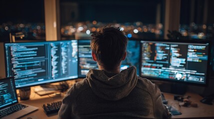 Programmer working late night multiple screens face hidden behind monitor tech solitude vibe