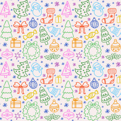 Colorful Christmas festive pattern with hand drawn fir tree, snowman and gift. Bright festive background for winter holiday.