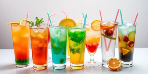 Assortment of colorful refreshing drinks in glasses on white,  refreshment,   food