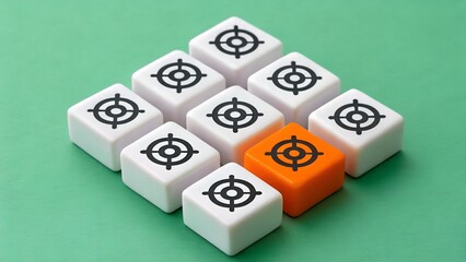 Standout Target – Individuality and Recognition Concept, Abstract, Strategy, Motivation, Green Background, White Cubes, Orange Highlight and Target Symbols