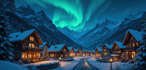 Cozy village under a vibrant aurora borealis sky