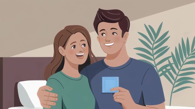 Man and woman holding condom on a blue square in a subtle loop for safe dating footage.