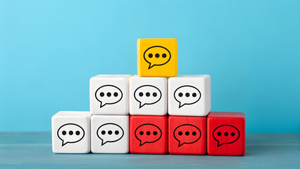 Communication Pyramid – Dialogue and Message Flow Concept, Abstract, Strategy, Motivation, Blue Background, Speech Bubble Icons and Colored Blocks