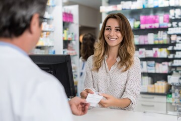 Obraz premium Late morning in a pharmacy with a clean counter and neat displays A smiling cashier gives change and offers a receipt with both hands The mood is polite and calm, Generative AI