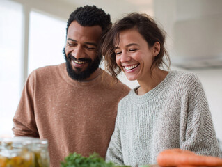 Happy couple cooking healthy food together at home. Represents togetherness, healthy lifestyle, and joyful moments. Ideal for food blogs and wellness articles.