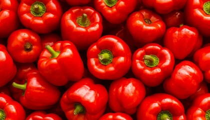 Red bell peppers clustered tightly, displaying glossy surfaces and rich crimson hue, filling frame with vivid agricultural harvest presentation seamless background pattern