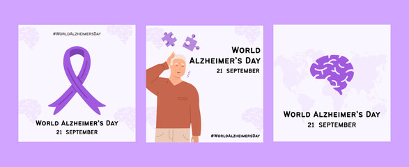 World Alzheimer Day social media post templates with purple ribbon, brain icon, elderly person. Dementia awareness. Memory loss support, healthcare campaign, neurology disease prevention vector banner