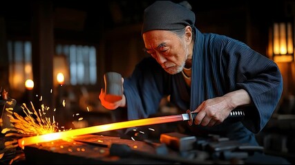 Master Japanese swordsmith forging glowing katana blade with hammer in traditional workshop