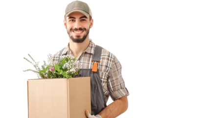 A smiling gardener holds a cardboard box filled with fresh flowers and greenery, showcasing vibrant plant life.
