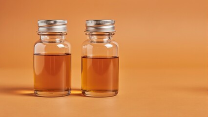 two amber glass bottles for cosmetics or essential oils product colored background 3d render