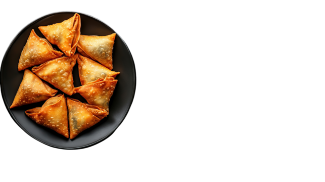 A plate holding several golden, crispy samosas arranged in a visually appealing manner.