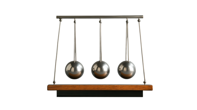 A Newton's cradle featuring three metallic spheres suspended from a wooden frame, showcasing the principles of physics in motion.