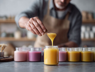 Artisan filling jars with colorful creams. Handmade with natural ingredients. Represents craftsmanship, wellness, creativity, and small business. Perfect for health, beauty or design.