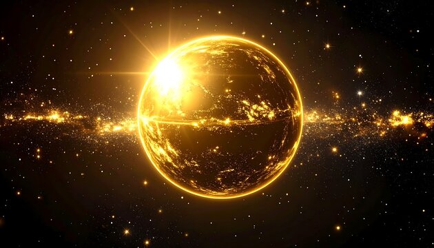 Golden planet in a cosmic expanse, radiant light