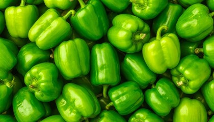 Green bell peppers arranged closely, creating textured surface with glossy surfaces, representing fresh produce and culinary vibrance for design seamless background pattern