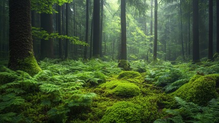 Fototapeta premium Lush green forest floor blanketed with ferns and moss.
