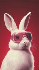 Trendy white rabbit wearing futuristic neon pink goggles with glowing effect on red background, creating vibrant and modern look
